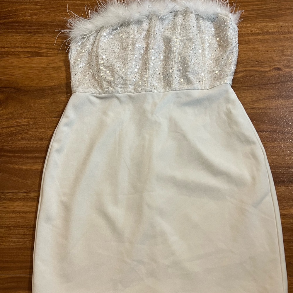 White Strapless Sequin Dress with Feather Trim